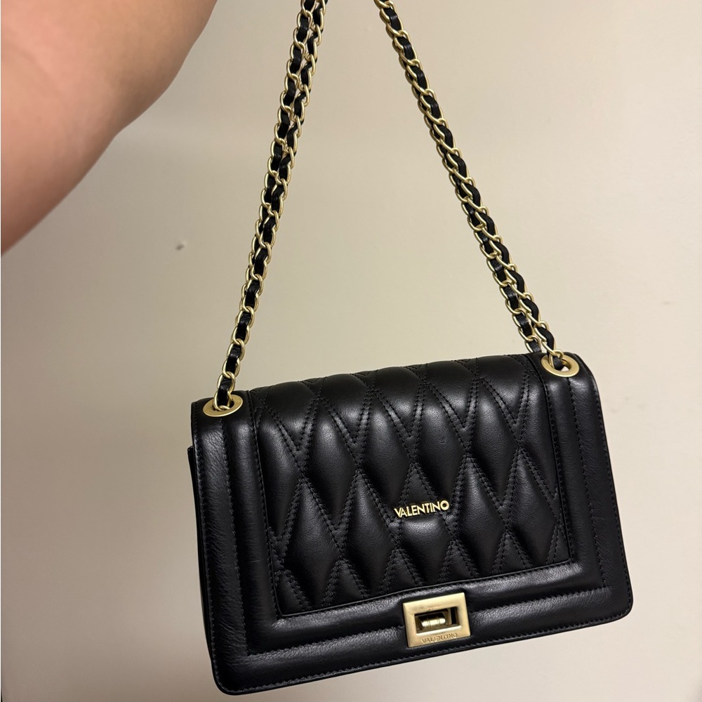 Valentino Black Quilted Leather Shoulder Bag with Gold Chain